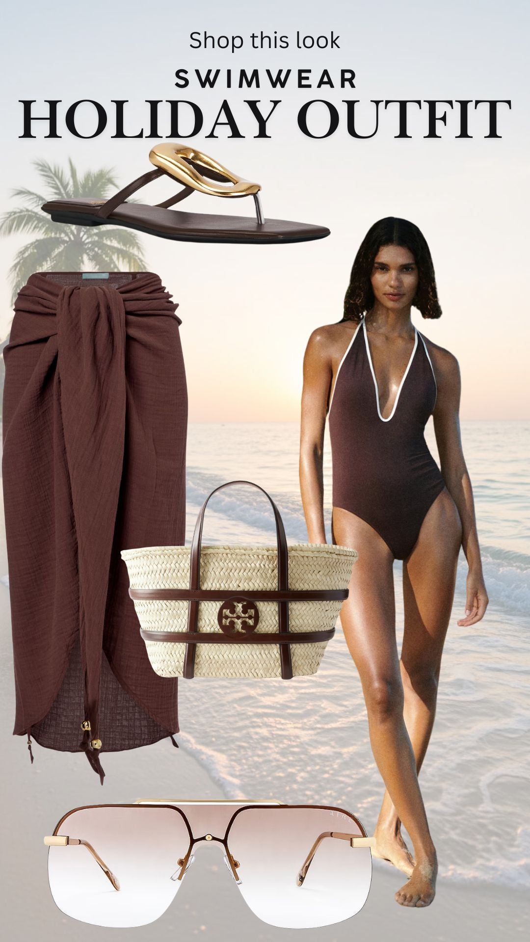 Brown V-neck Swimwear