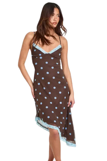 Chocolate Polka Dot Printed Mesh Cami Lace Trim Midi