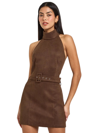 Chocolate Fuax Suede Halterneck Belt Detail Mini Dress