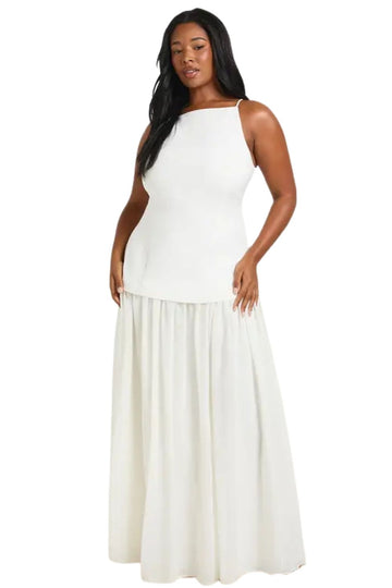 White Plus Crepe Sleeveless Dress With Chiffon Skirt | Boohoo