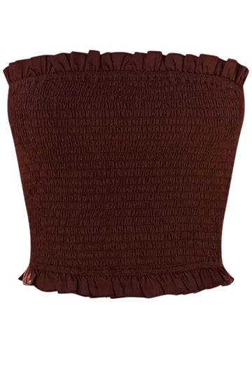 Brown Bandeau Frill Edge Shirred Top