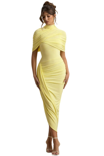 Enchant | Lemon Asymmetric Twisted Cape Midi Dress
