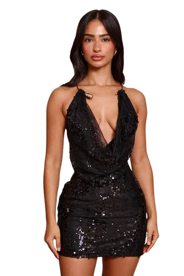 Petite Black Sequin Gold Halterneck Trim Detail Mini
