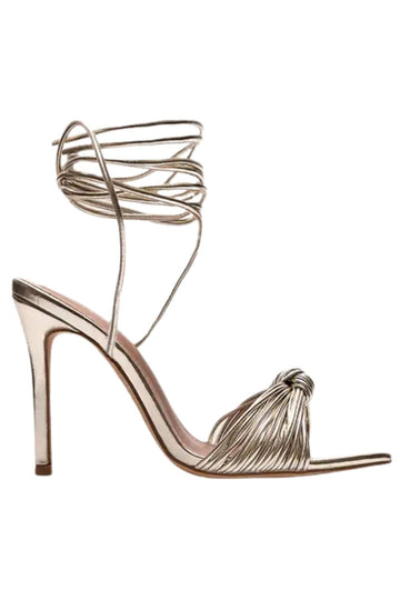Gold Metallic Pu Point Toe Knotted Strappy High Heeled