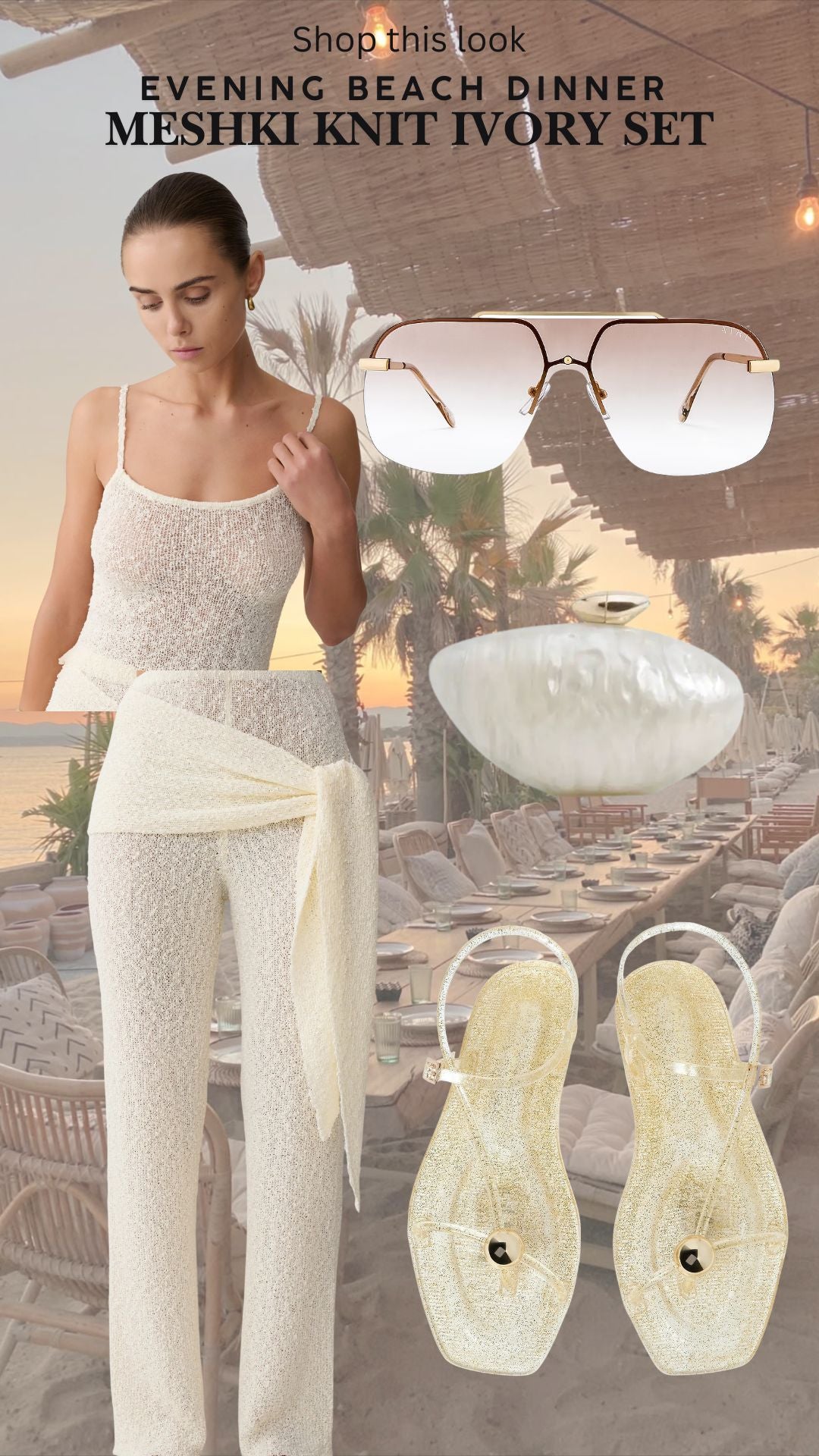 Woman in a white outfit with sunglasses and shoes, set against a beach dinner scene.